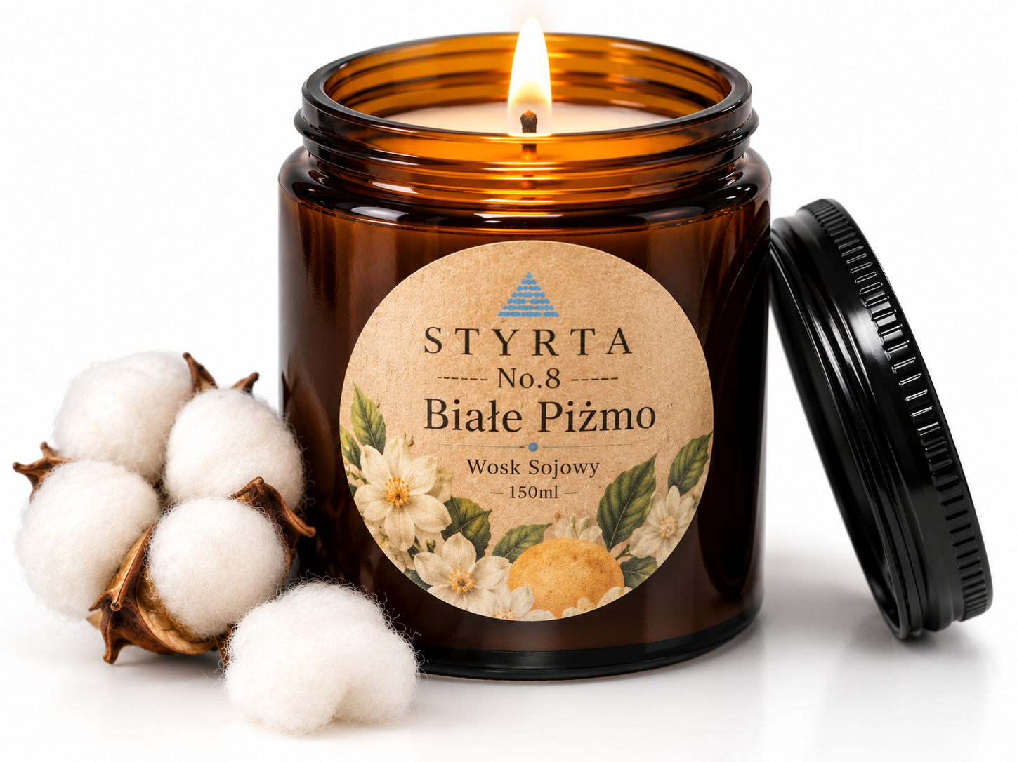 Świeca sojowa Białe Piżmo 150 ml Styrta w szklanym słoiku z pokrywką