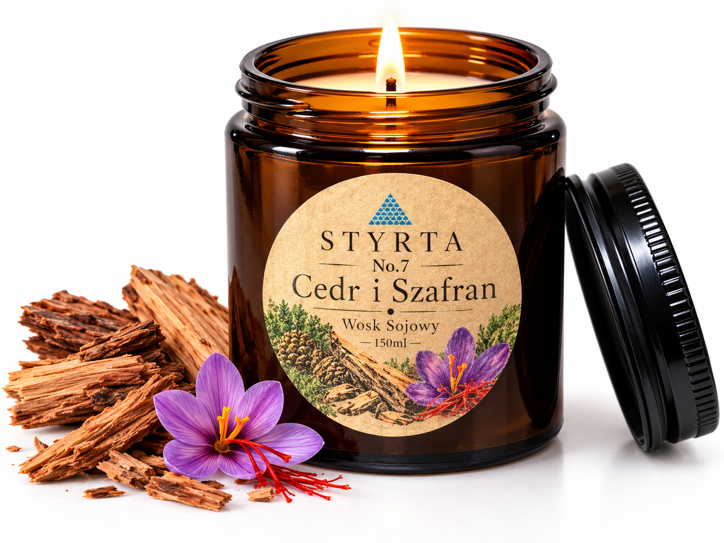 Świeca sojowa Cedr i Szafran 150 ml Styrta w szklanym słoiku z pokrywką